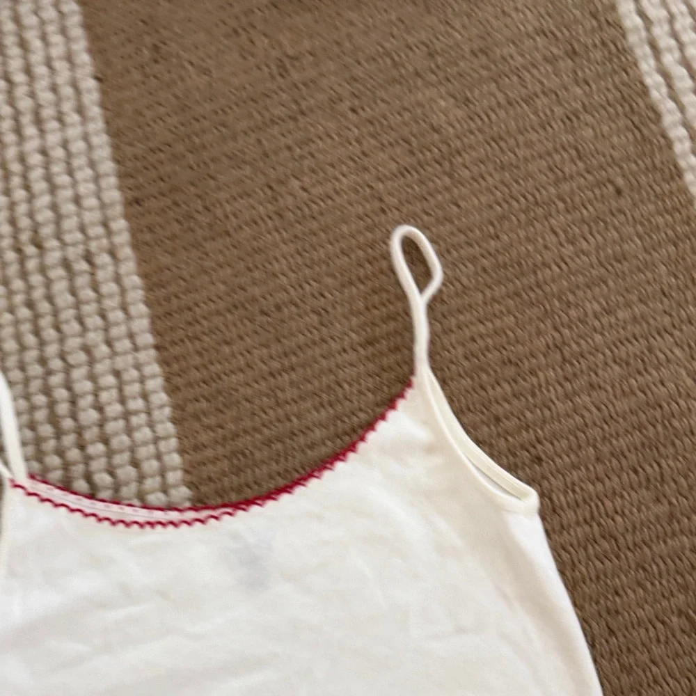 Brandy Melville White Cropped Tank with Red Trim and Embroidered Cherry - Picture 3 of 3